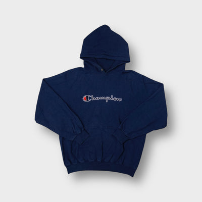 Champion hoodie in navy blue with embroidered script chest logo