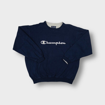 Navy blue Champion crewneck sweater with light grey embroidered script chest logo