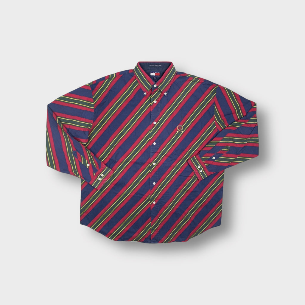 Red Tommy Hilfiger long-sleeve shirt with diagonal stripes and embroidered crest logo