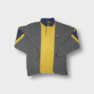 Gant polo sweater in yellow, grey, and blue featuring an embroidered chest logo.