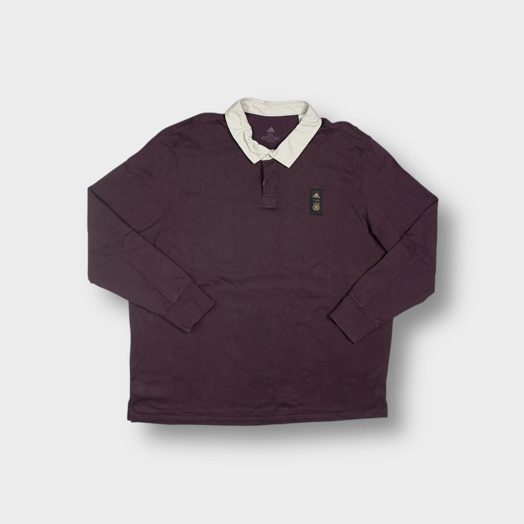 Adidas DFB polo sweater in dark red featuring a white collar and embroidered chest patch