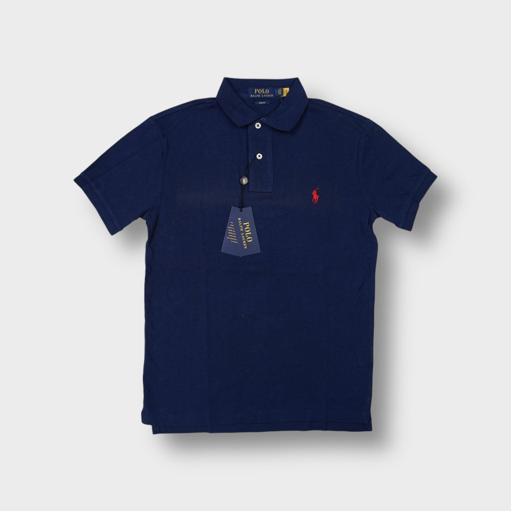 Ralph Lauren polo shirt in blue with a red embroidered polo player chest logo