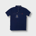 Ralph Lauren polo shirt in blue with a red embroidered polo player chest logo