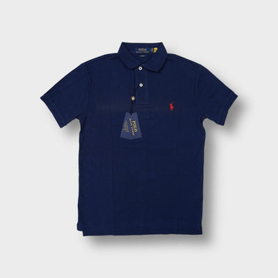 Ralph Lauren polo shirt in blue with a red embroidered polo player chest logo