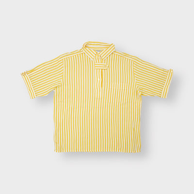 Yves Saint Laurent white and yellow striped short-sleeve shirt with embroidered pocket logo