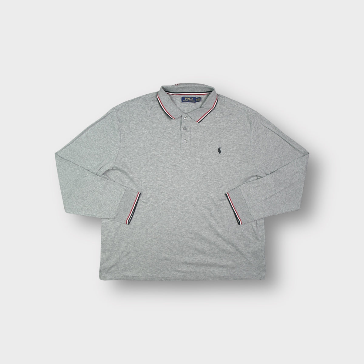 Ralph Lauren polo sweater in grey with striped collar trim and dark chest pony embroidery.