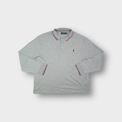 Ralph Lauren polo sweater in grey with striped collar trim and dark chest pony embroidery.