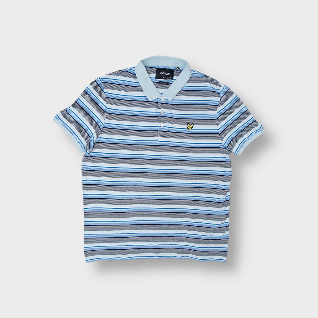 Lyle & Scott blue striped polo shirt with embroidered golden eagle logo