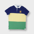 Ralph Lauren polo shirt in blue, yellow, and green with embroidered yellow chest crest