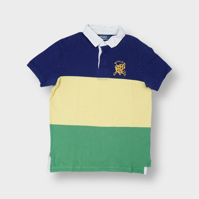 Ralph Lauren polo shirt in blue, yellow, and green with embroidered yellow chest crest