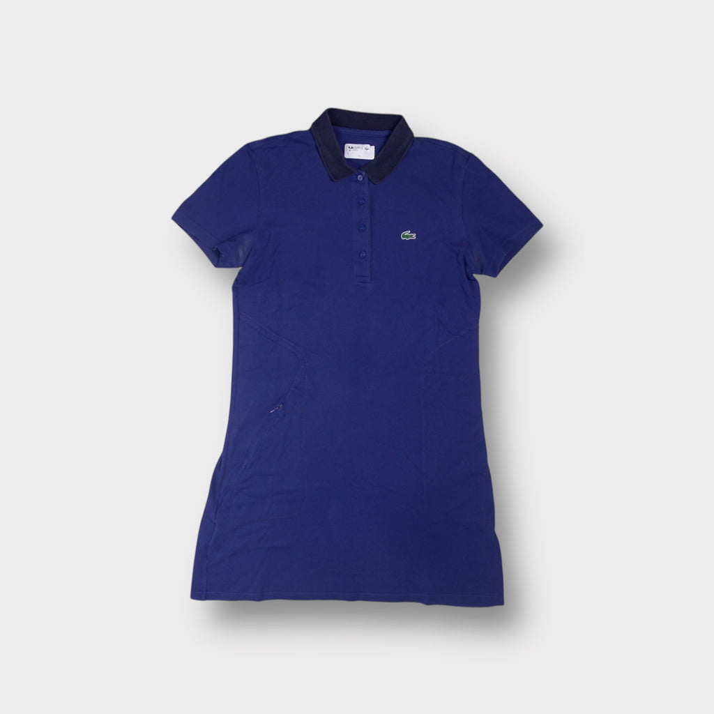Blue Lacoste Sport polo dress featuring a contrast navy collar and crocodile embroidery