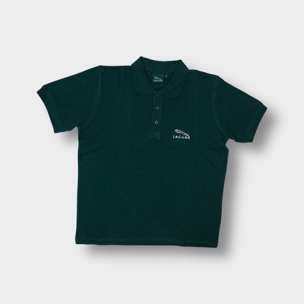 Jaguar dark green polo shirt featuring white embroidered emblem on left chest