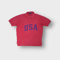 Red Ralph Lauren Polo Sport polo shirt with blue USA print on the front.