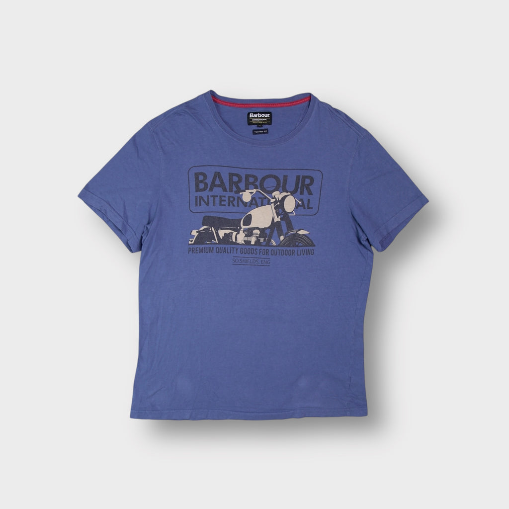 Blue Barbour International T-Shirt with a vintage motorcycle chest graphic print