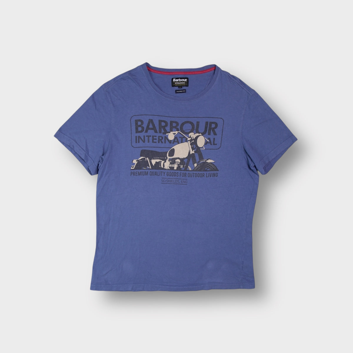 Blue Barbour International T-Shirt with a vintage motorcycle chest graphic print