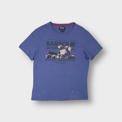 Blue Barbour International T-Shirt with a vintage motorcycle chest graphic print