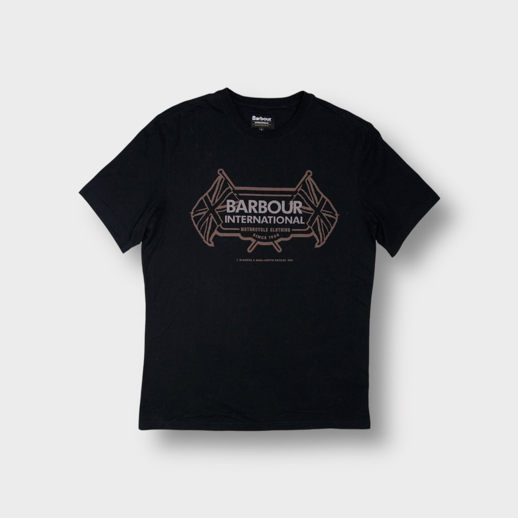Barbour International T-Shirt in black with graphic chest print and Union Jack flags