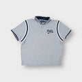 Ralph Lauren grey polo shirt featuring a navy script patch and striped collar trim
