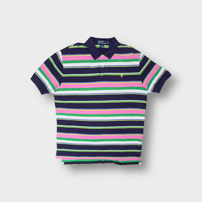 Ralph Lauren polo shirt in navy blue with colorful horizontal stripes and yellow embroidery