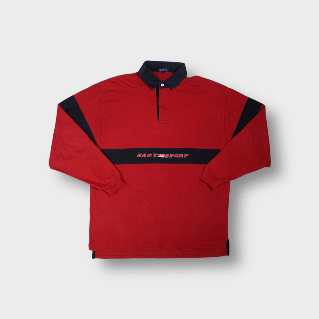 Gant polo sweater in red featuring dark contrast collar and embroidered Gant Sport chest graphic