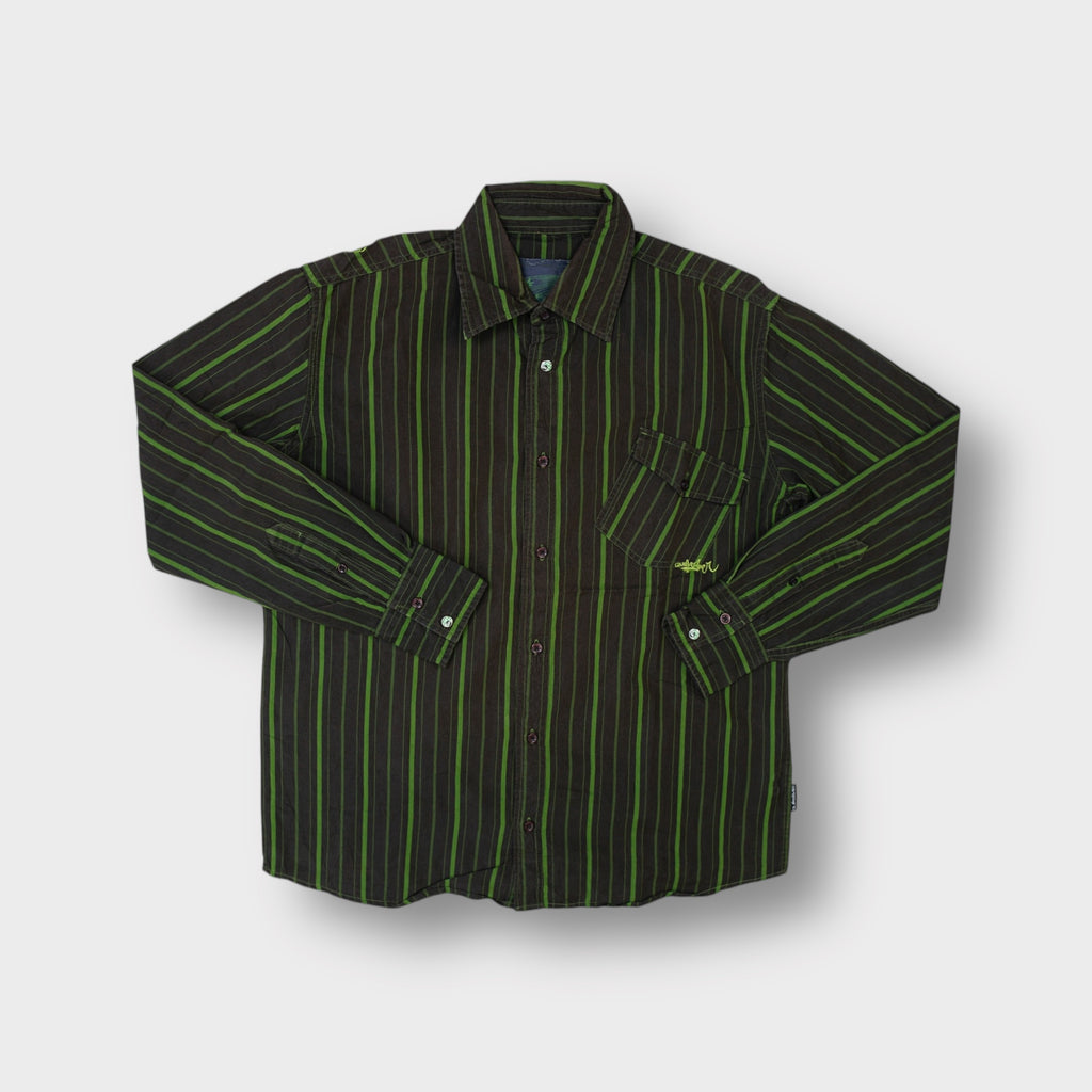 Quiksilver brown and green striped long-sleeve button-up shirt with chest pocket.