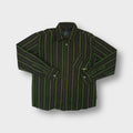 Quiksilver brown and green striped long-sleeve button-up shirt with chest pocket.