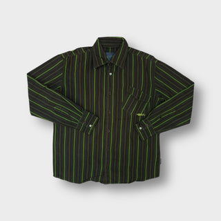 Quiksilver brown and green striped long-sleeve button-up shirt with chest pocket.