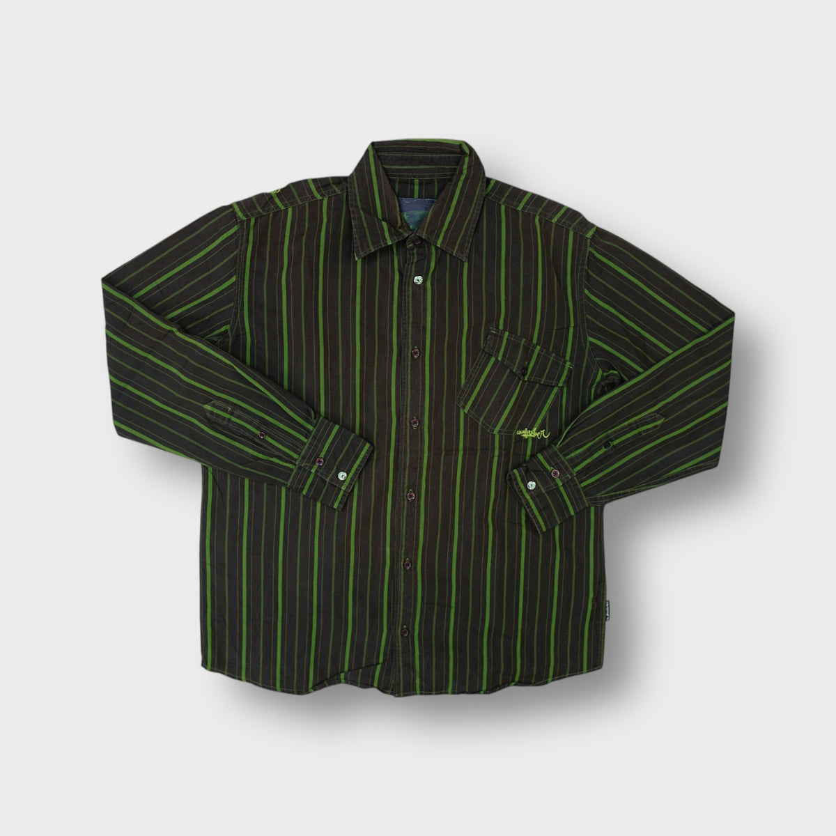 Quiksilver brown and green striped long-sleeve button-up shirt with chest pocket.