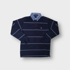 Navy blue Gant striped polo sweater with a light wash denim collar and chest logo