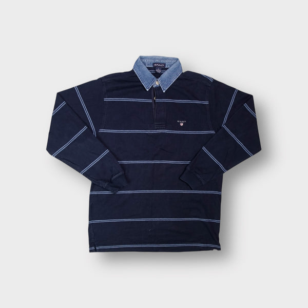 Navy blue Gant striped polo sweater with a light wash denim collar and chest logo