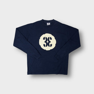 Pro Club long sleeve sweater in navy blue featuring a cream circular graphic on the chest.