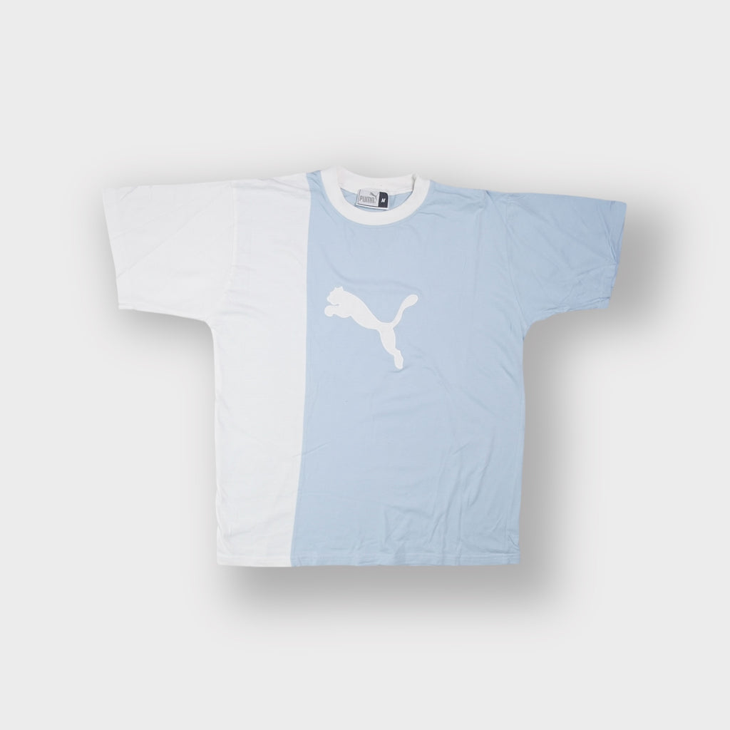 Puma T-Shirt in light blue and white featuring a large cat logo patch across the front