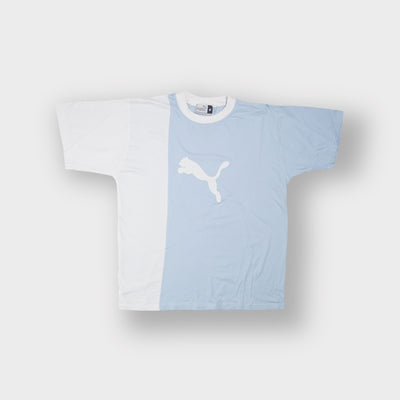 Puma T-Shirt in light blue and white featuring a large cat logo patch across the front