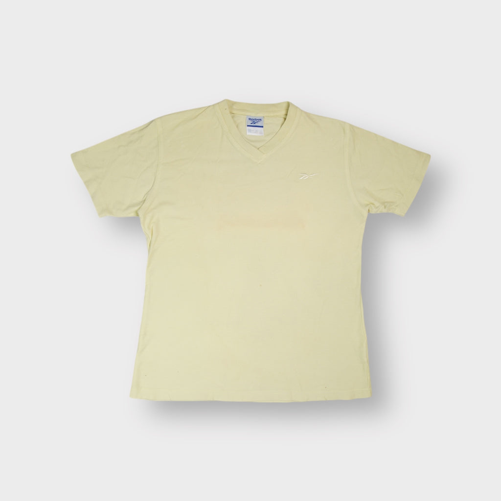 Yellow Reebok V-neck T-Shirt featuring a small embroidered logo on the chest