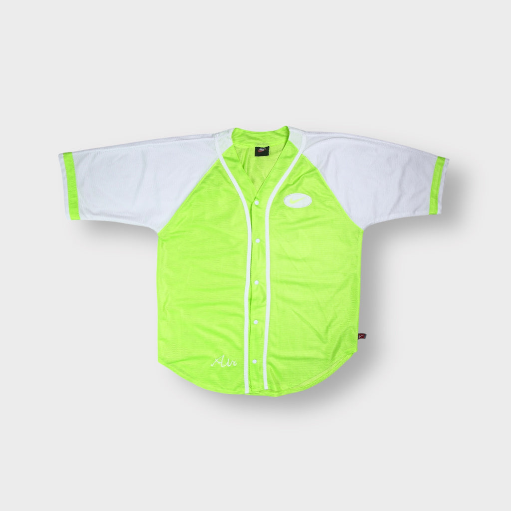 Nike baseball shirt in bright yellow mesh with white contrast sleeves and button front