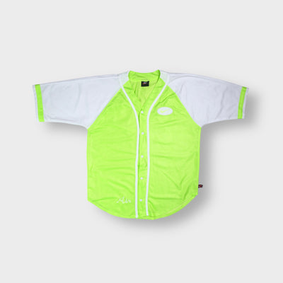 Nike baseball shirt in bright yellow mesh with white contrast sleeves and button front