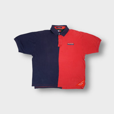 Tommy Hilfiger polo shirt in red and navy featuring a Hilfiger Sailing Gear chest patch