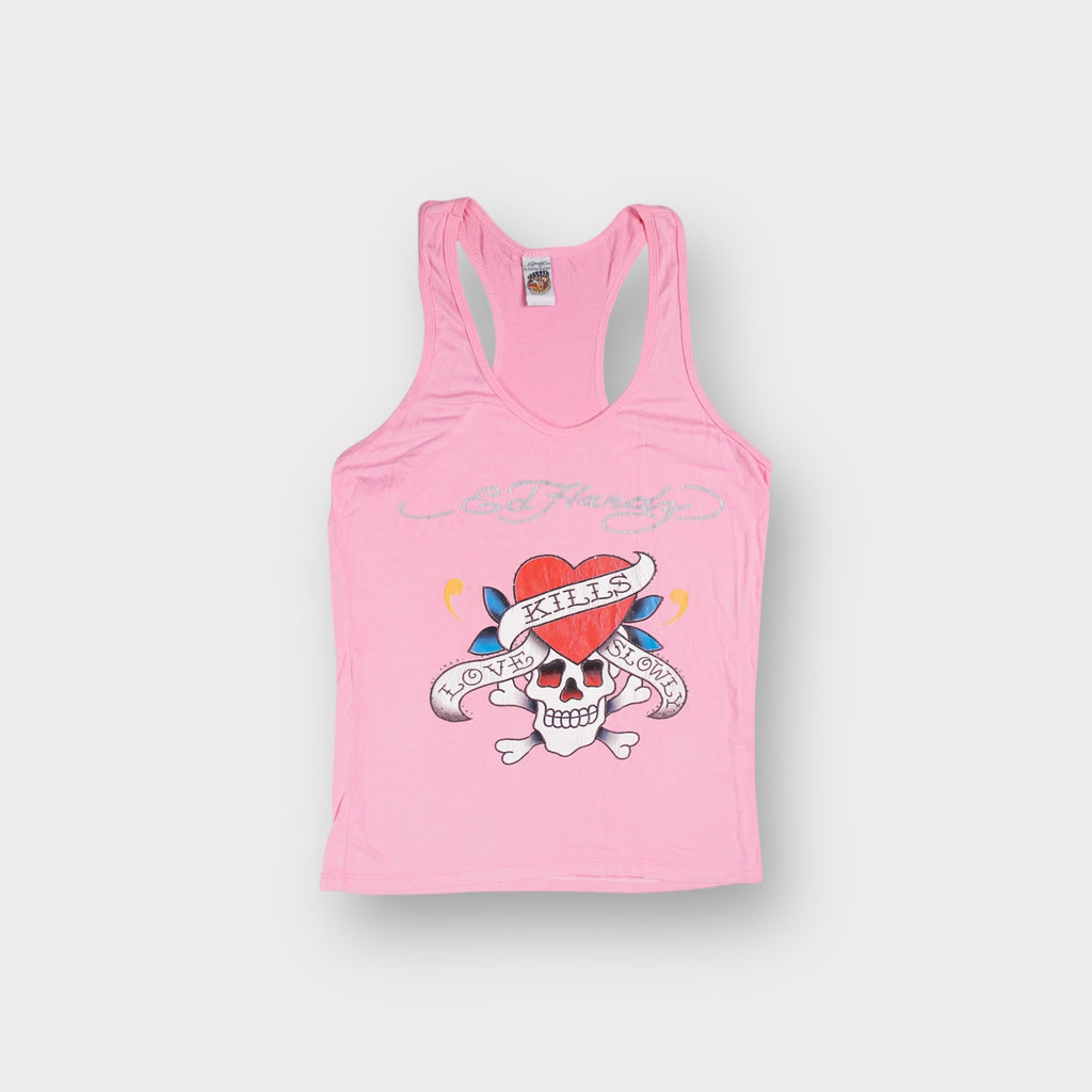 Ed Hardy pink tank top featuring a Love Kills Slowly skull and heart graphic
