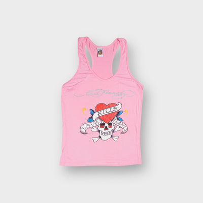 Ed Hardy pink tank top featuring a Love Kills Slowly skull and heart graphic