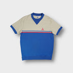 Le Coq Sportif knitted shirt in blue and cream with embroidered rooster logo
