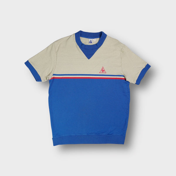 Le Coq Sportif knitted shirt in blue and cream with embroidered rooster logo
