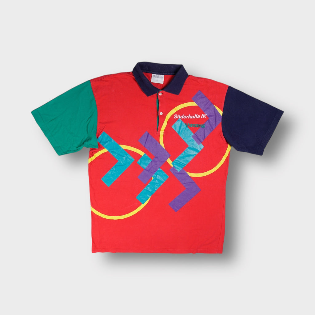 Yasaka polo shirt in red with green and blue sleeves and graphic print