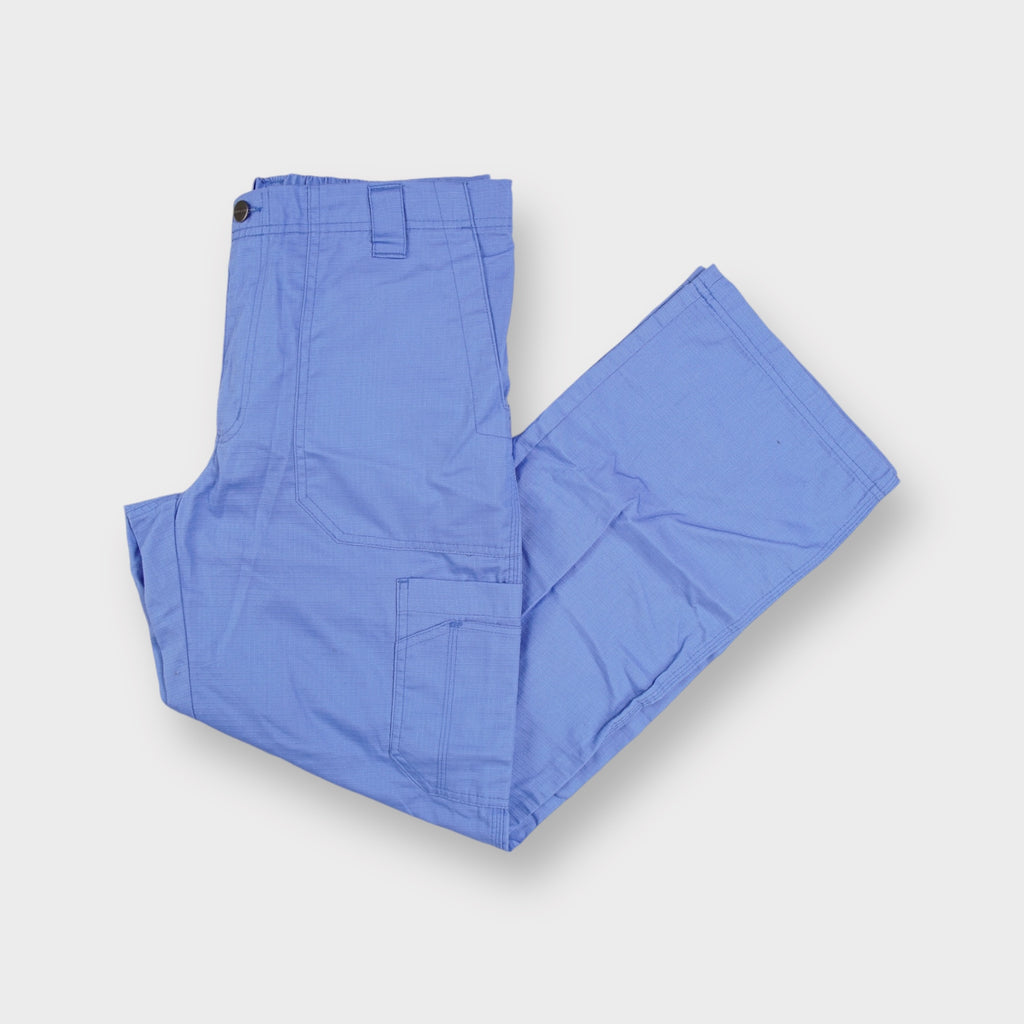 Carhartt blue workwear cargo pants with side pockets and elastic waistband