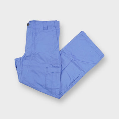 Carhartt blue workwear cargo pants with side pockets and elastic waistband