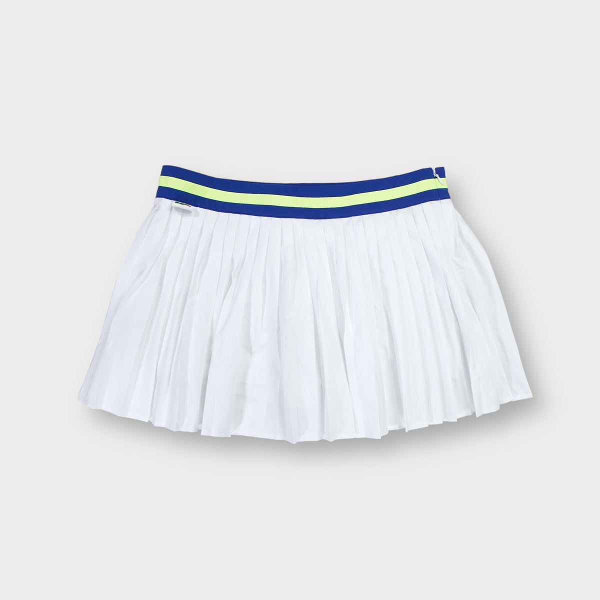 Lacoste white pleated tennis skirt with a blue and neon stripe waistband