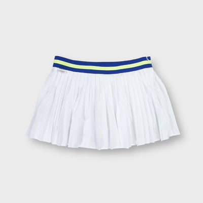 Lacoste white pleated tennis skirt with a blue and neon stripe waistband