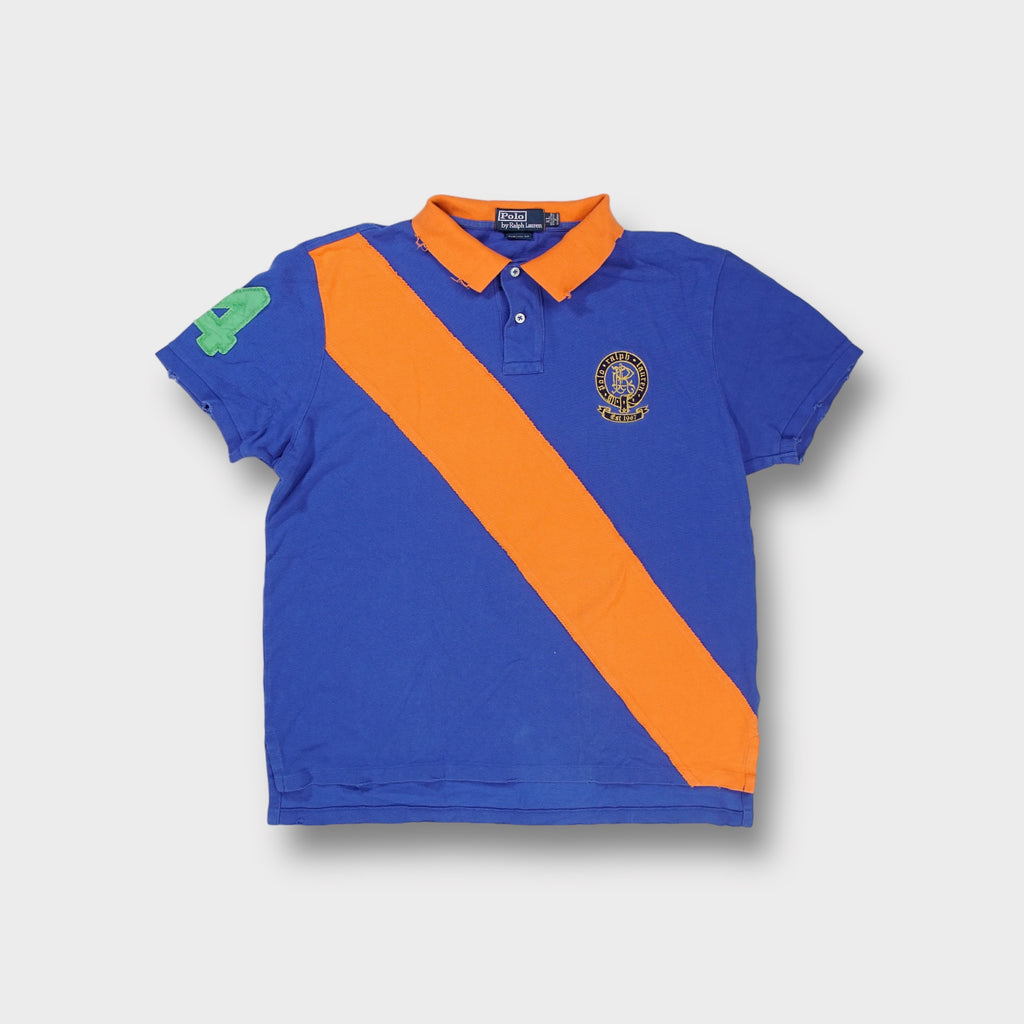 Ralph Lauren polo shirt in blue with an orange sash and embroidered chest crest