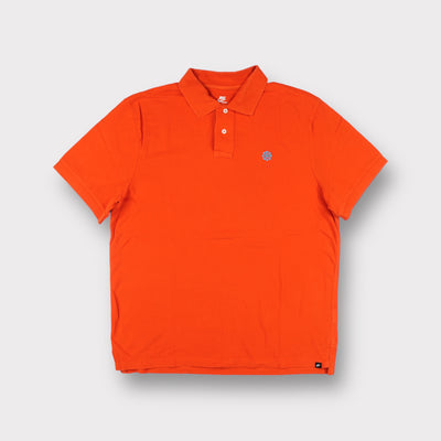 Orange Nike polo shirt featuring a blue embroidered pinwheel logo on the chest