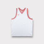 White Nike Team Sports jersey tank top featuring red stripe trim and embroidered swoosh