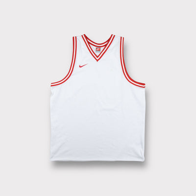 White Nike Team Sports jersey tank top featuring red stripe trim and embroidered swoosh